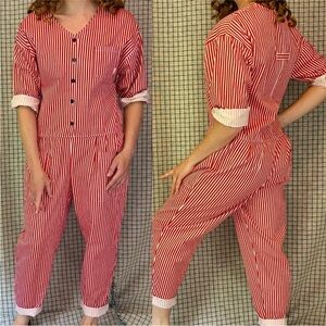 Vtg NWT 80s Red White Stripe Cotton Denim Coveralls Overall Jumpsuit Hang Ten L